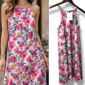 Mohito | NWT Watercolor Pink Multicolor Floral Halter Midi Dress (size S)